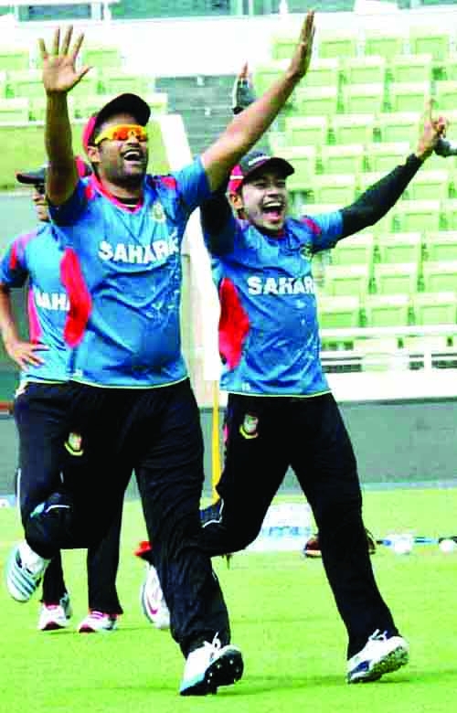 Bangladesh National Cricket team's captain Mushfiqur Rahim and Tamim Iqbal during the practice session at the Sher-e-Bangla National Cricket Stadium in Mirpur on Monday. Bangladesh take on West Indies today.