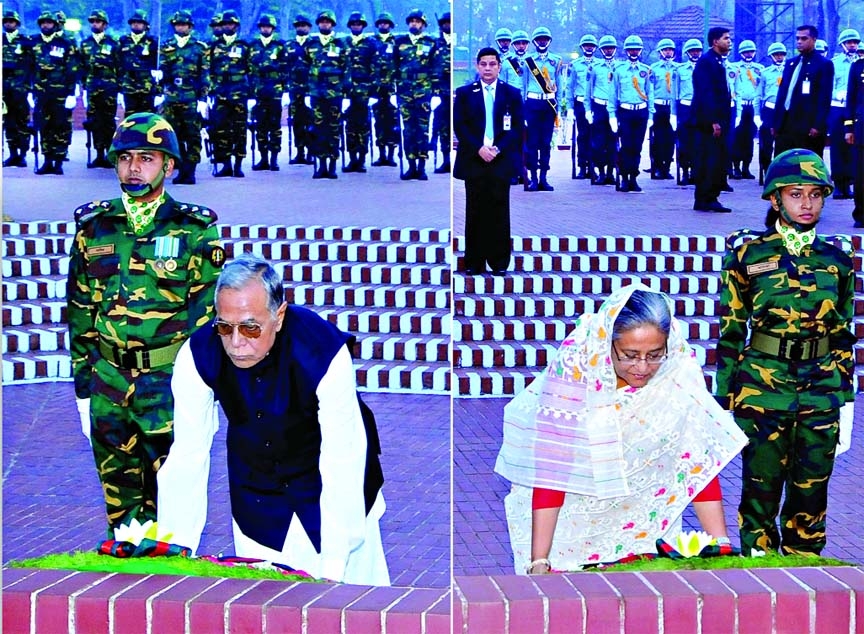 President Md Abdul Hamid and Prime Minister Sheikh Hasina placing wreaths at Savar Mausoleum marking the Independence Day on Wednesday.