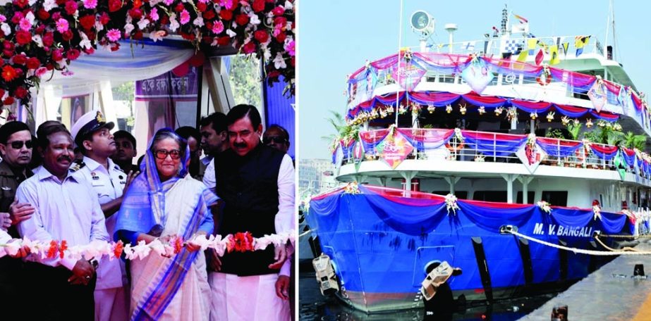 Prime Minister Sheikh Hasina inaugurating passenger watership MV Bangali by cutting ribbon at Sadarghat Launch Terminal in the city on Saturday. BSS photo