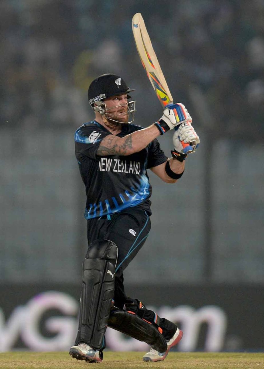 Brendon McCullum plays a pick-up shot to the leg side during the World T20, Group 1 match between Netherlands and New Zealand in Chittagong on Saturday.