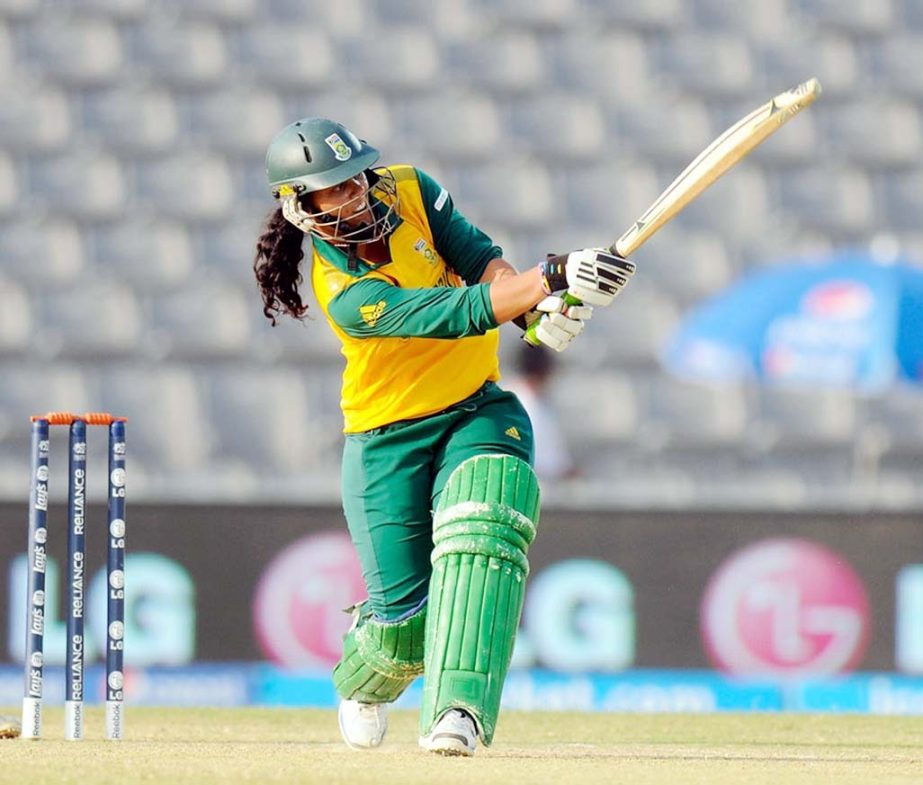 Chloe Tryon strikes the ball during her 12-ball 35in the Group A match of the ICC Women's World Twenty20 Cricket between Ireland and South Africa at the Sylhet Divisional Stadium on Saturday.