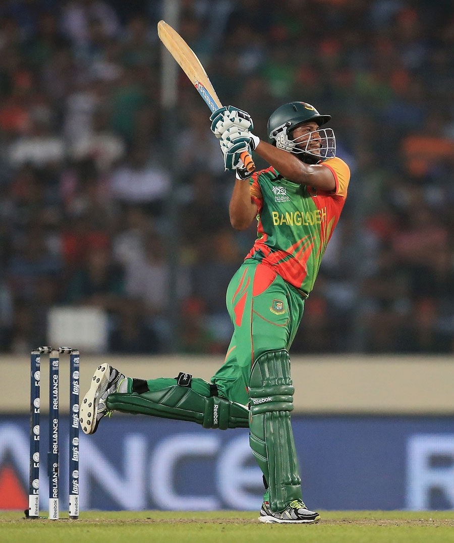 Shakib Al Hasan carves the ball over the off side during the World Twenty20, Group 2 match between Bangladesh and Pakistan in Mirpur on Sunday. Pakistan won the match by 50 runs.