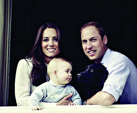 Prince William, Duke of Cambridge, and Catherine, Duchess of Cambridge, are pictured with their 8-month-old son, Prince George of Cambridge, in a family portrait taken at Kensington Palace.