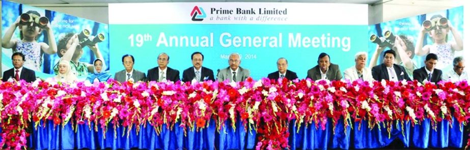 Chairman of the Board of Directors of Prime Bank Limited Md Nader Khan presiding over the 19th Annual General Meeting of the bank at Police Convention Hall in the city on Sunday. The AGM approves 12.5percent cash dividend for its shareholders for the year