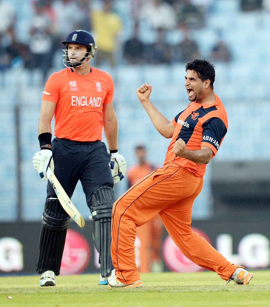 Mudassar Bukhari roars after dismissing Michael Lumb during the World T20, Group 1 match between England and Netherlands in Chittagong on Monday. Netherlands upset England by 45 runs.