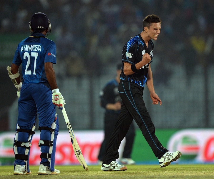 Trent Boult celebrates one of his three wickets during the World T20, Group 1 match between New Zealand and Sri Lanka in Chittagong on Monday. Sri Lanka were all out 119 in 19.2 overs.
