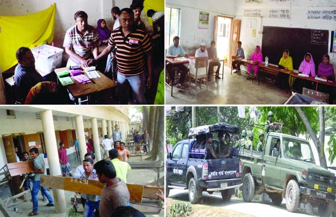 Clockwise: (1) Suspected Awami League men casting fake votes at Rupganj in N'ganj; (2) Votereless center at Mazina Madrasa at N'ganj; (3) BGB and Army personnel patrolling the street at Muradnagar in Comilla during polls and (4) Rival supporters locked