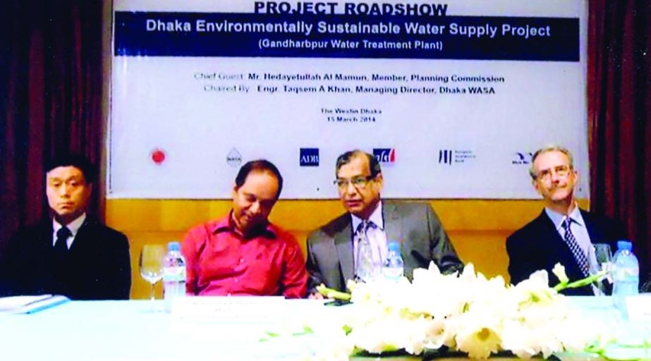 Taqsem A Khan, Managing Director of Dhaka WASA presiding over discussion meeting on developing environmentally sustainable water supply system at a city hotel recently. Norio Saito, Senior Urban Development Specialist of Asian Development Bank, Hedayetull