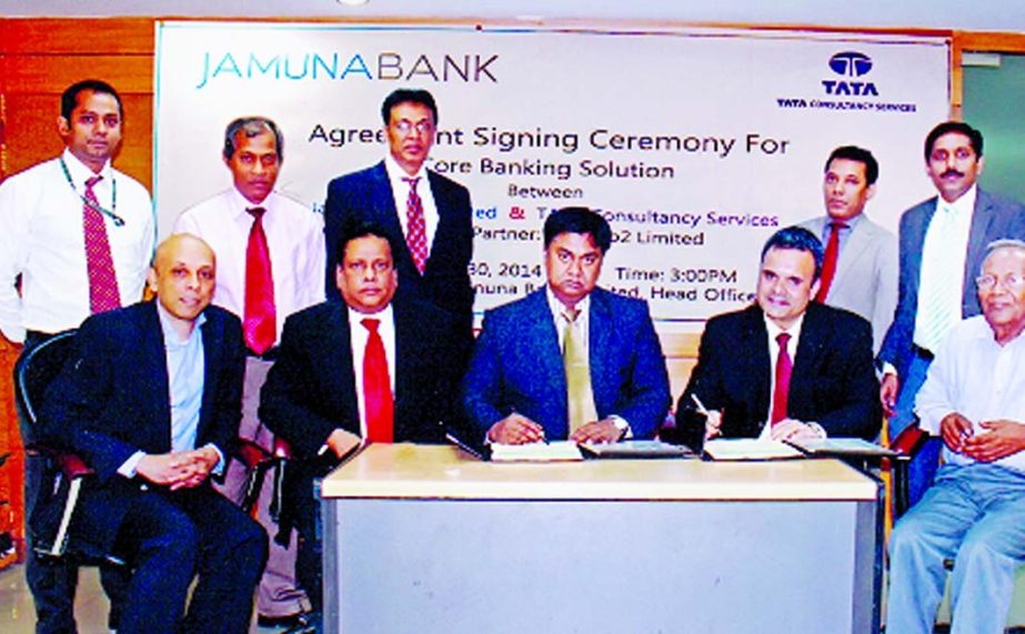 Jamuna Bank and TATA Consultancy Services signed an agreement for Core Banking Solution at the bank's head office recently. Kanutosh Majumder, Chairman, and Shafiqul Alam, Managing Director of Jamuna Bank Limited and Ashwini Kumar, Head of Business Devel