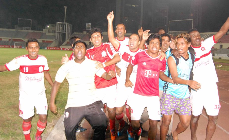 Celebration of Soccer Club Feniâ€™s players, who won the match in the Penalty Shoot-out against Sheikh Russel Krira Chakra Limited at the quarter final match of Modhumoti Bank Independence Cup Football Tournament 2014 at Bangabandhu National Sta