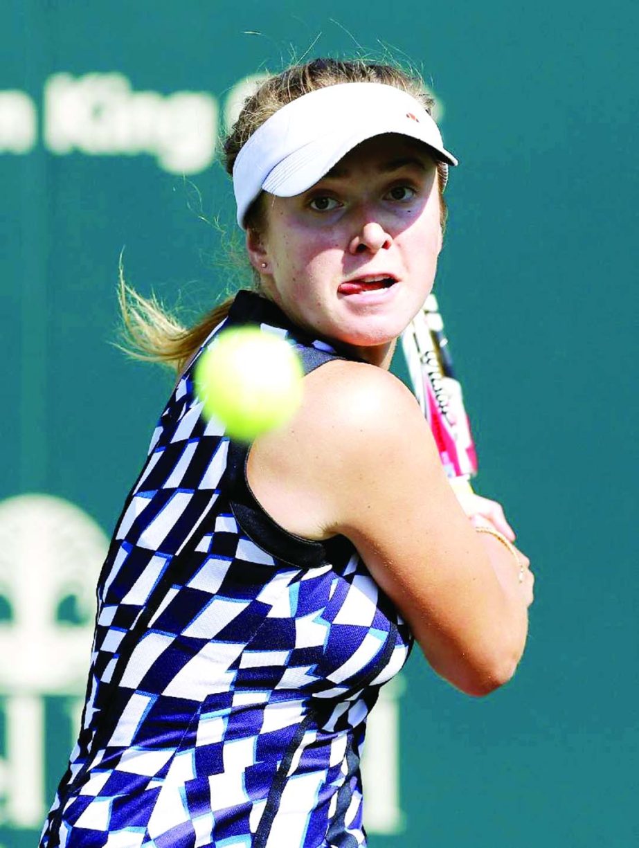 Elina Svitolina of Ukraine returns against Sloane Stephens during the Family Circle Cup tennis tournament in Charleston, SC on Wednesday. Svitolina defeated Stephens 6-4, 6-4.