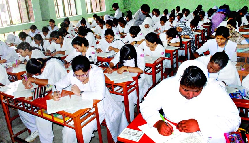Girl examinees sat for their first day of HSC examination at Notre Dame College Centre yesterday.