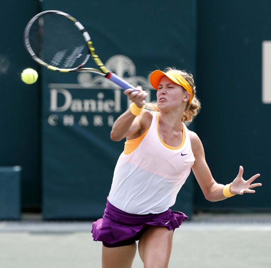 Eugenie Bouchard of Canada returns to Jelena Jankovic of Serbia during the Family Circle Cup tennis tournament in Charleston SC on Friday.