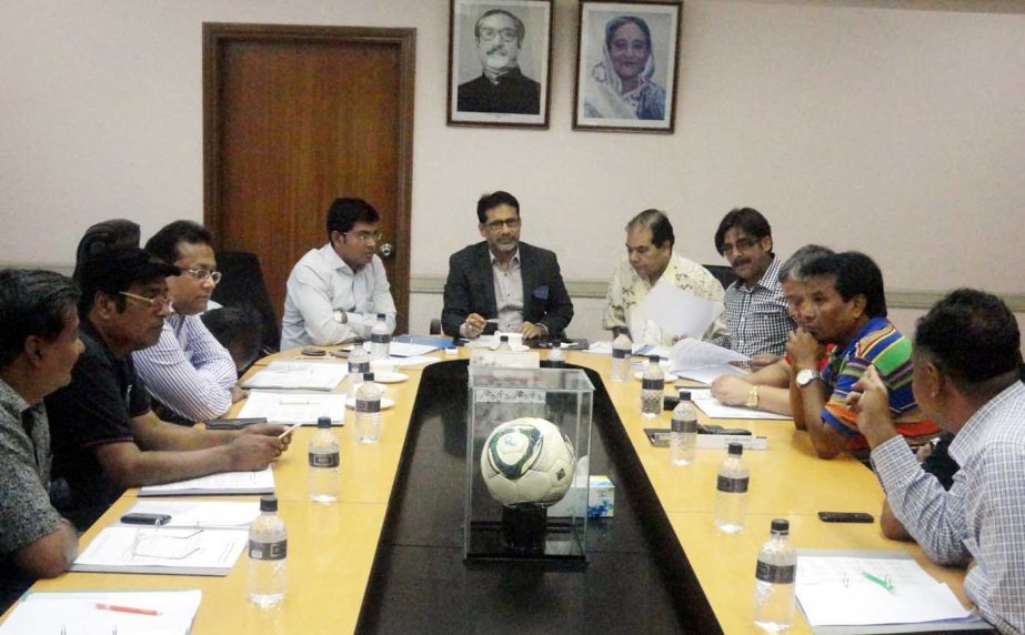 Professional Football League Committee Chairman Abdus Salam Murshedy speaking at a meeting at the Football Federation Office on Saturday.