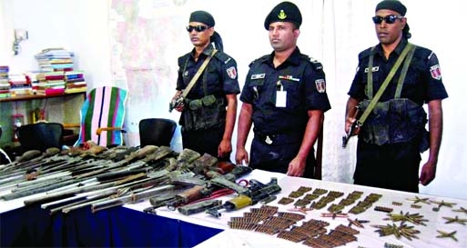 RAB-II members on a tip off launched a drive at Noakhali's Char Balua area under Companiganj UZ and recovered huge arms and ammo from different points on Saturday morning. Two pirates were also killed in shootout during the drive.