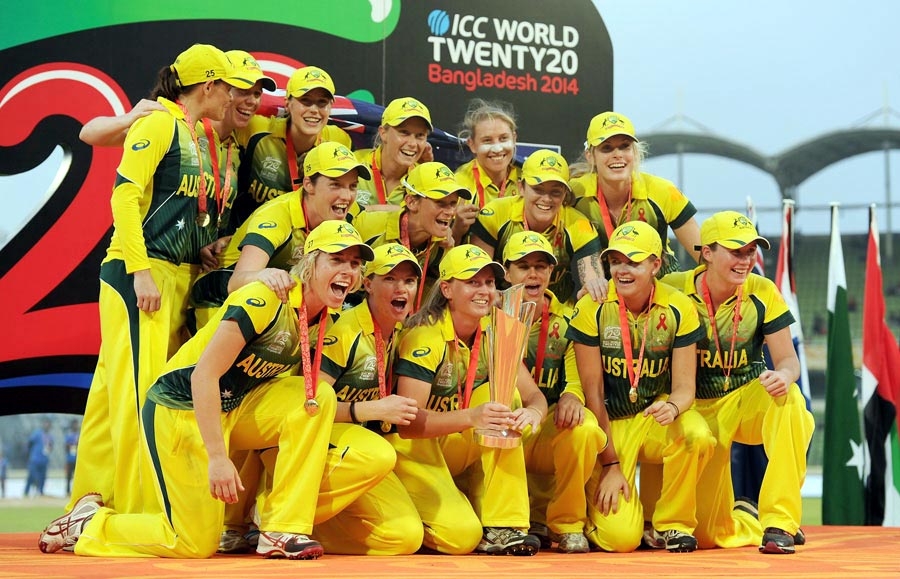 Meg Lanning lifts the World T20 trophy with her team after beating England in Women's World T20 final at the Sher-e-Bangla National Cricket Stadium in Mirpur on Sunday.