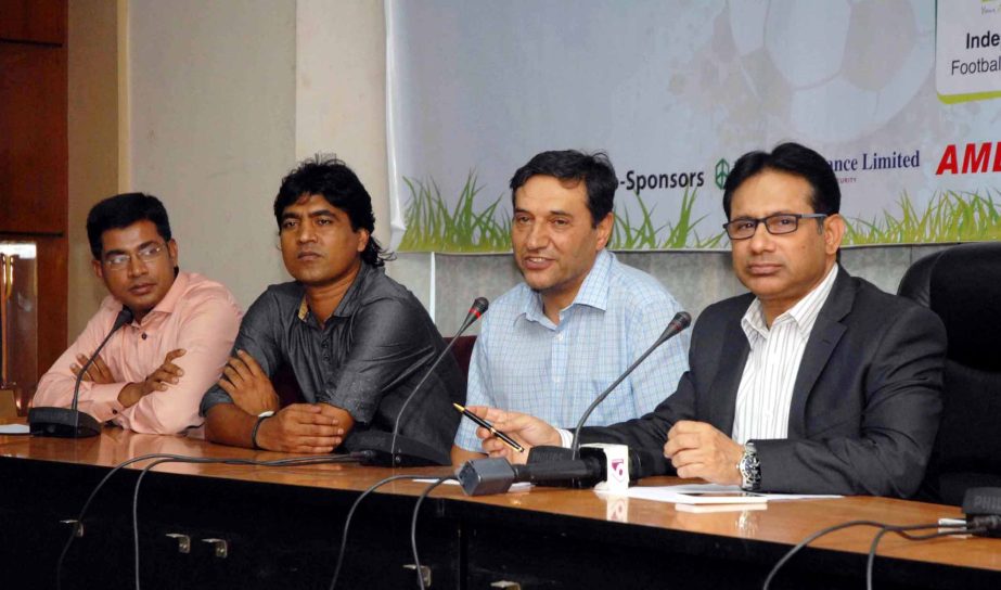 Coach of Dhaka Abahani Limited Ali Akbar Parmoslemi speaking at a press conference at the conference room of Bangladesh Football Federation House on Monday.