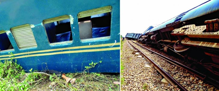 3 compartments of Dhaka bound Karnaphuli Express train derailed near Mir sarai Railway Station in Chittagong leaving one female passanger dead (left) and 10 others injured on Monday.