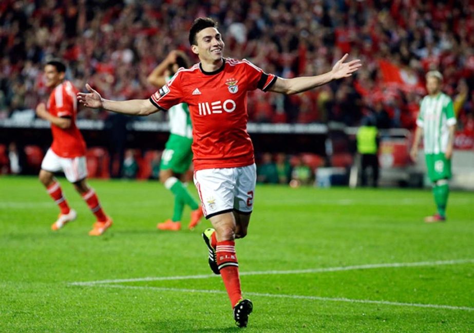 Benfica's Nico Gaitan from Argentina, celebrates after scoring their second goal against Rio Ave during their Portuguese League soccer match on Monday at Benfica's Luz stadium in Lisbon.