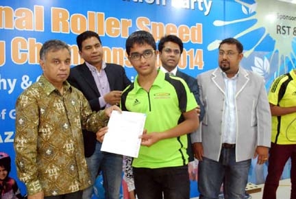 President of Bangladesh Roller Skating Federation Abul Kalam Azad (left) giving away a medal and a certificate to Md Shahbaz, a member of Laser Skating Club in a city hotel recently. Abul Kalam Azad handed over a medal and a certificate to each member of