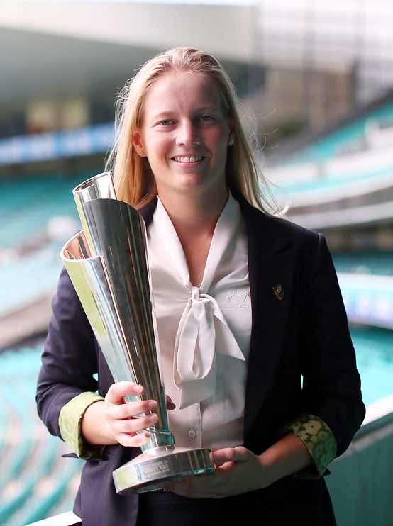 Australia Women's captain Meg Lanning holds up the World T20 trophy in Sydney on Wednesday.