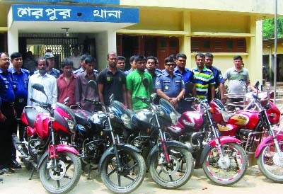 Sherpur thana police recovered 11 stolen motorcycles and arrested gang leader Khorshed Alam and other three presons yesterday.