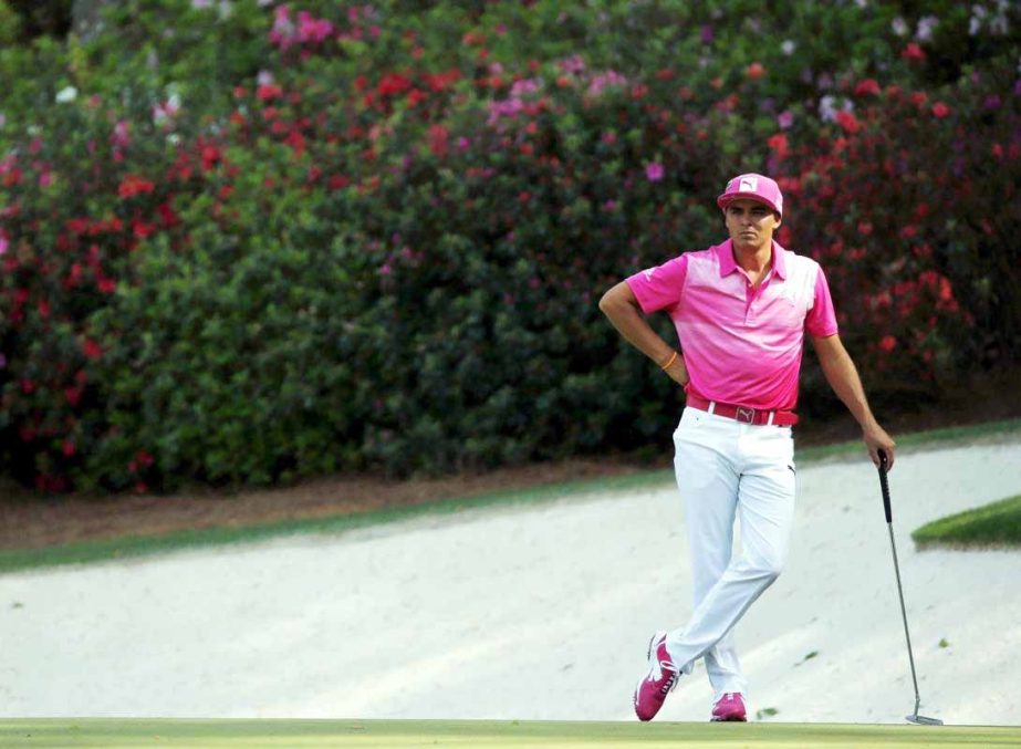 U.S. golfer Rickie Fowler waits to put on the 13th green during the second round of the Masters golf tournament at the Augusta National Golf Club in Augusta, Georgia on Friday.