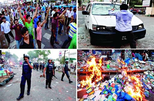 CLOCKWISE: Armed with sticks shopowners and workers in Nilkhet take to street on Saturday following clash with DU students: Vandalising of vehicles by students; books being burnt and police in action.