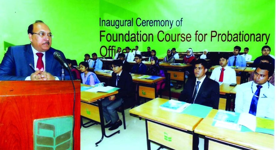 AKM Shafiqur Rahman, Managing Director and CEO of National Bank Limited addressing the inaugural function of a foundation course for its Probationary Officers at its Training Institute recently.