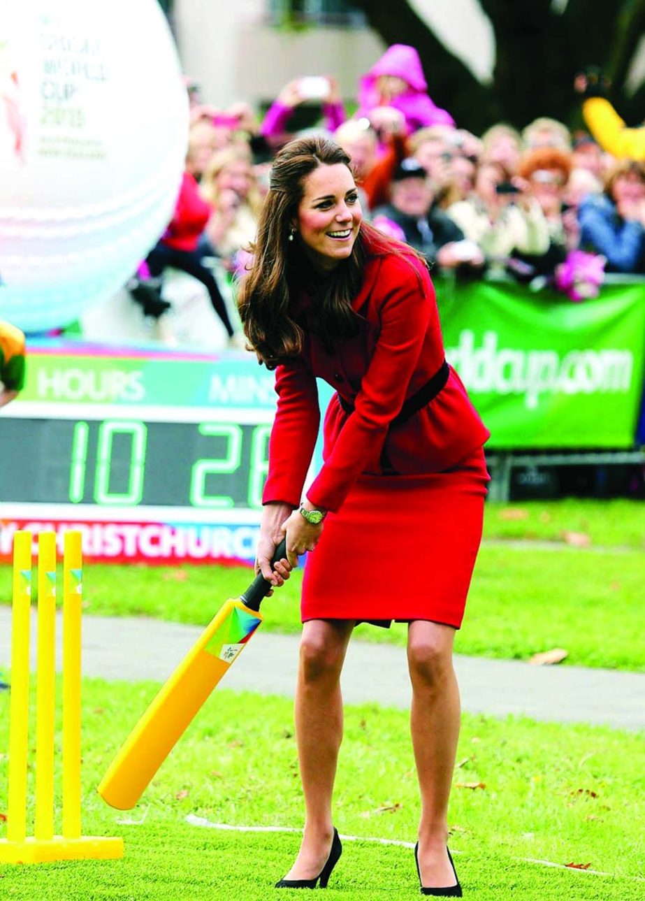 Kate Middleton, the Duchess of Cambridge takes part in a friendly game in Christchurch as part of the countdown to the 2015 World Cup on Monday.