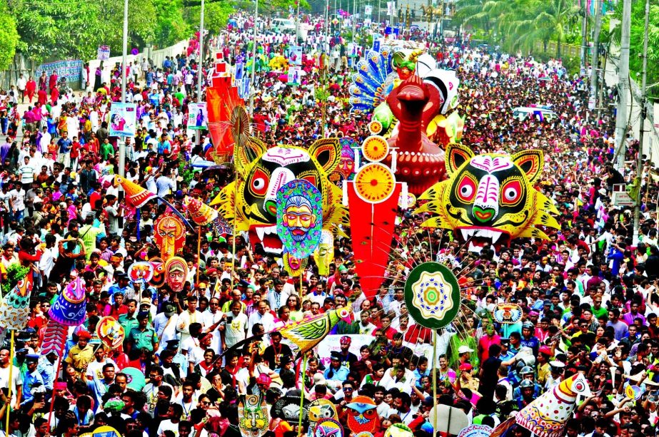 A colourful procession with the images of different animals, known as Mangal Shovajatra by the Institute of Fine Arts of DU was brought out in city marking the Pahela Baishakh-1421 on Monday.