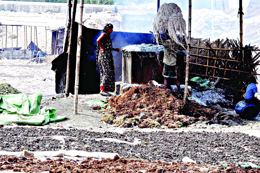 Chemical mixed waste of tannery is being boiled to produce poultry and fish feed by companies on the Embankment Road at Hazaribagh in city. This photo was taken on Thursday.