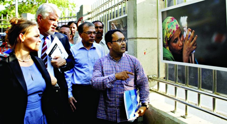 Ambassador of the European Union Delegation to Bangladesh William Hanna along with other distinguished guests at the inauguration of a 3-day Photo Exhibition on Rana Plaza Tragedy at Dhaka University campus on Wednesday.