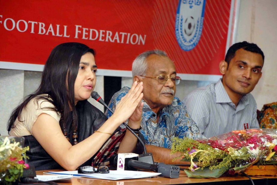 Deputy Chairperson of the Women's Wing of Bangladesh Football Federation (BFF) Mahfuza Akhter Kiron speaking at a press conference at the conference room of BFF House on Thursday.