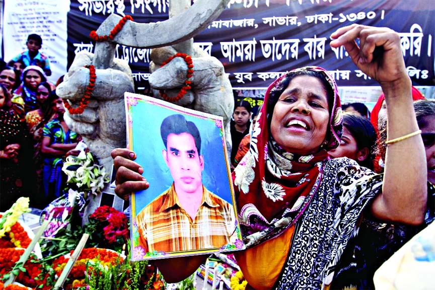 Families of victims joined the gatherings in front of collapsed Rana Plaza site on Thursday in Savar demanding compensation, employment and execution of building owner Sohel Rana now on bail.