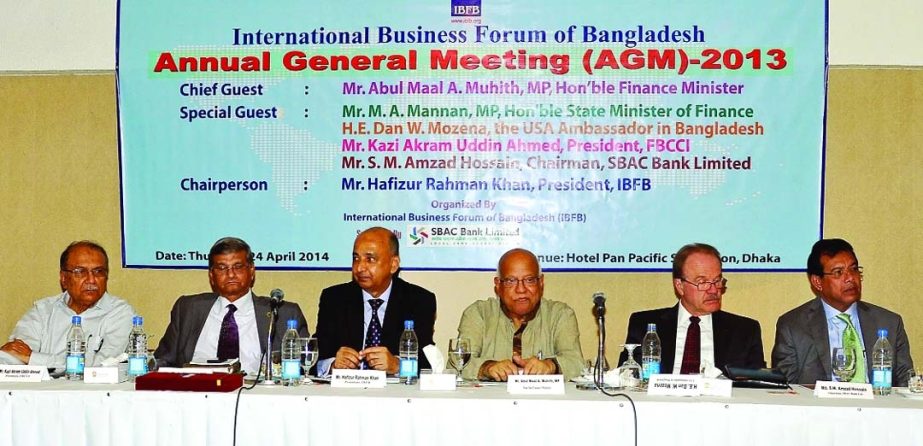 Finance Minister Abul Maal Abdul Muhith, inaugurating the 9th Annual General Meeting of International Business Forum of Bangladesh at a city hotel on Thursday. State Minister for Finance & Planning MA Mannan, US Ambassador Dan W Mozena, FBCCI President Ka