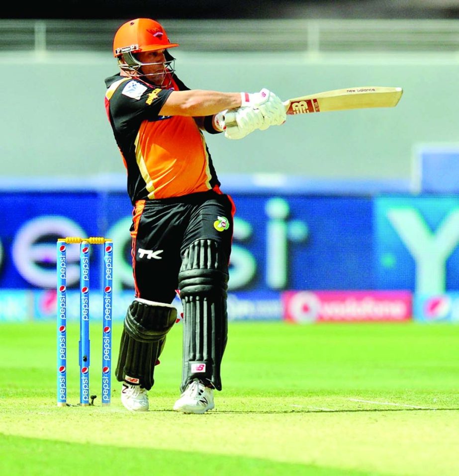 Aaron Finch pulls emphatically on his way to a 53-ball 88 during IPL 2014 between Sunrisers Hyderabad and Delhi Daredevils at Dubai on Friday. Hyderabad won by 4 runs.