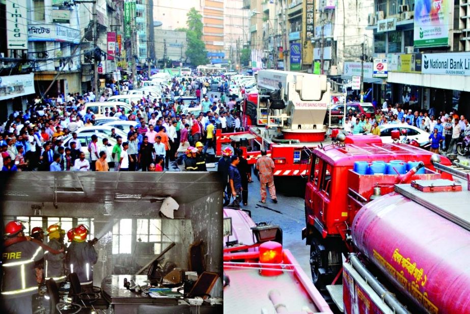 A fire broke out at the 9th floor of Krishi Bhaban in city's Motijheel area on Sunday. Fire fighters (inset) later douse flame.