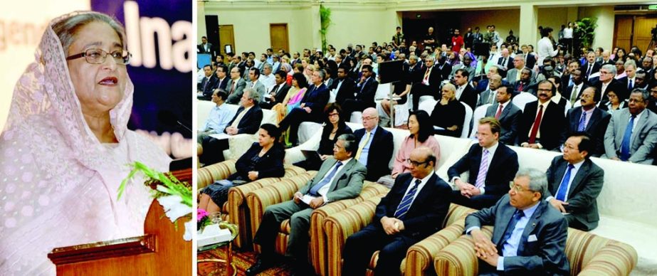 Prime Minister Sheikh Hasina speaking at a meeting on 'Migration and Development in the Post-2015 Development Agenda' at Ruposhi Bangla Hotel in the city on Monday. BSS photo