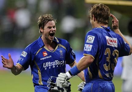 Steve Smith and Shane Watson celebrate Rajasthan Royals' dramatic Super Over heroics, against Kolkata Knight Riders in IPL 2014 at Abu Dhabi on Tuesday.