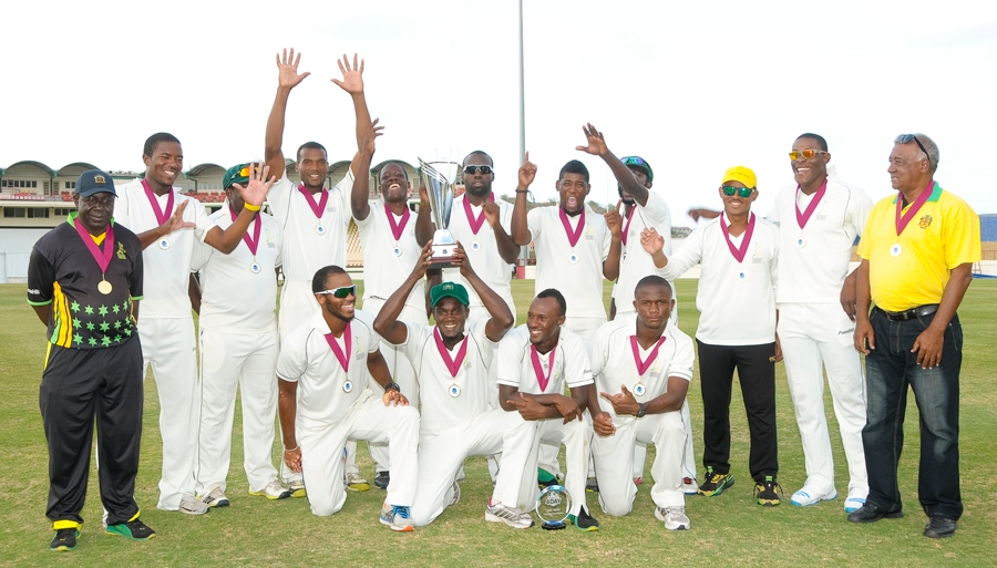 Jamaica celebrate winning the Headley-Weekes Trophy against Windward Islands in Regional Four Day Competition final on 4th day at St Lucia on Tuesday.