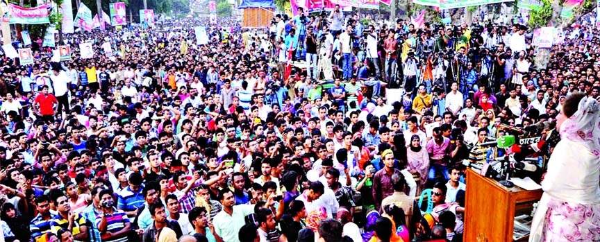 BNP Chairperson Begum Khaleda Zia addressing a public rally organized on the occasion of historic May Day by Jatiyatabadi Sramik Dal at Suhrawardy Udyan in the city on Thursday.