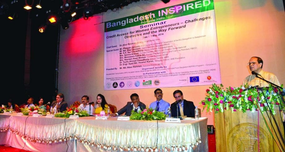 Bangladesh Bank Governor Dr. Atiur Rahman speaking at a seminar titled 'credit access for women entrepreneurs-challenges, obstacles and the way forward at the Bangladesh Bank training academy auditorium on saturday.
