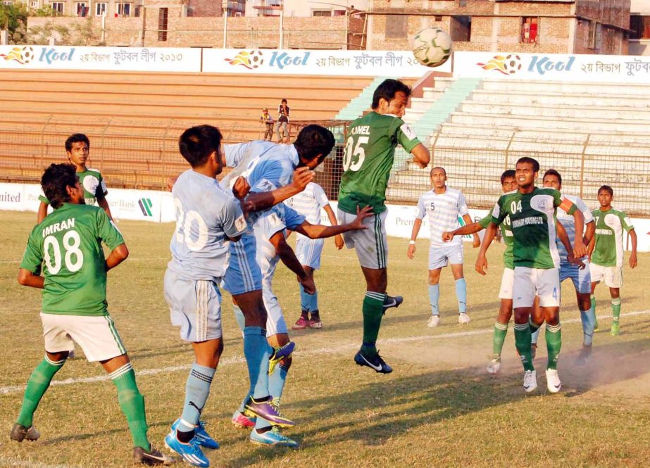 An action from the football match of Premier Bank Bangladesh Championship League between Farashganj Sporting Club and Badda Jagaroni Sangsad at the Bir Shreshtha Shaheed Sepoy Mohammad Mostafa Kamal Stadium in Kamalapur on Sunday.
