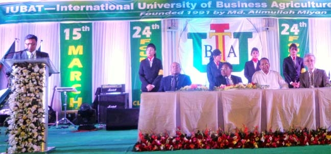 Information Minister Hasanul Haque Enu is seen at the 24th foundation ceremony of International University of Business Agriculture and Technology helt at IUBAT campus in the city recently.