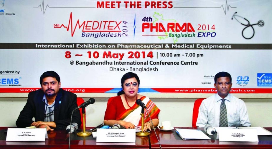Meherun N Islam, President and Group Managing Director of CEMS GLOBAL USA and ASIA PACFIC addressing a press conference at National Press Club, in the city on the upcoming "6th Meditex Bangladesh 2014 Int'l Expo and 4th Pharma Bangladesh 2014 Int'l Ex