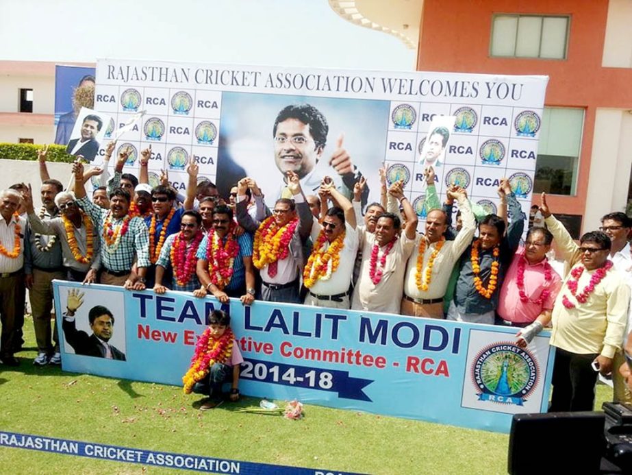 Lalit Modi's supporters celebrate after he has been reelected as President Rajasthan Cricket Association on Tuesday.
