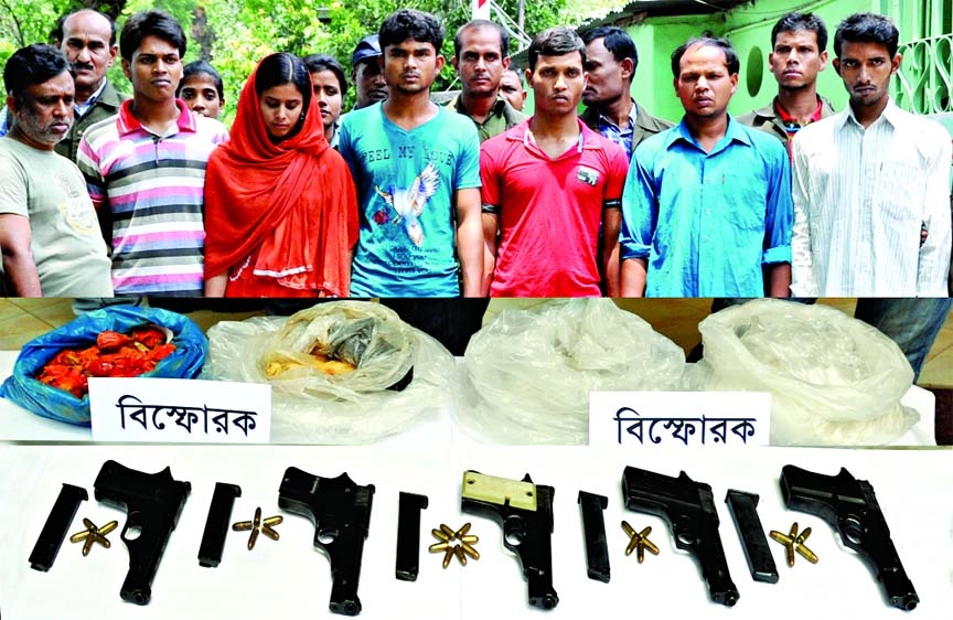 Seven arms traders were arrested by Anti-Kidnapping Squad of DMP with five foreign pistols and huge explosives from city's Saidabad area on Tuesday.