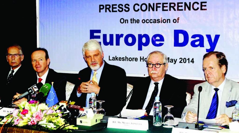 Ambassador William Hanna, the head of delegation of European Union speaking at a press conference on the occasion of Europe Day at Lakeshore Hotel in the city on Thursday.