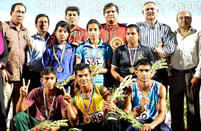The winners of the Walton Air Conditioner 30th National Junior Athletics Competition with Zahid Ahsan Russell, MP pose for a photo session at the Bangabandhu National Stadium on Saturday.